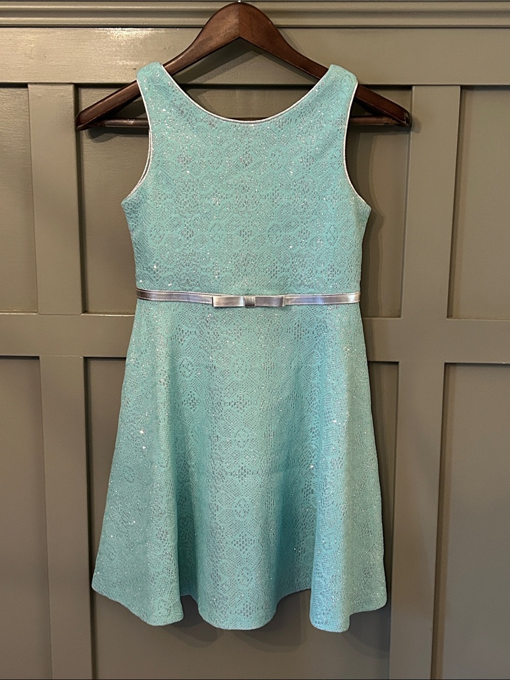 Emily West Party Dress Light Aqua Blue Silver Metallic Lace Girls Size 14